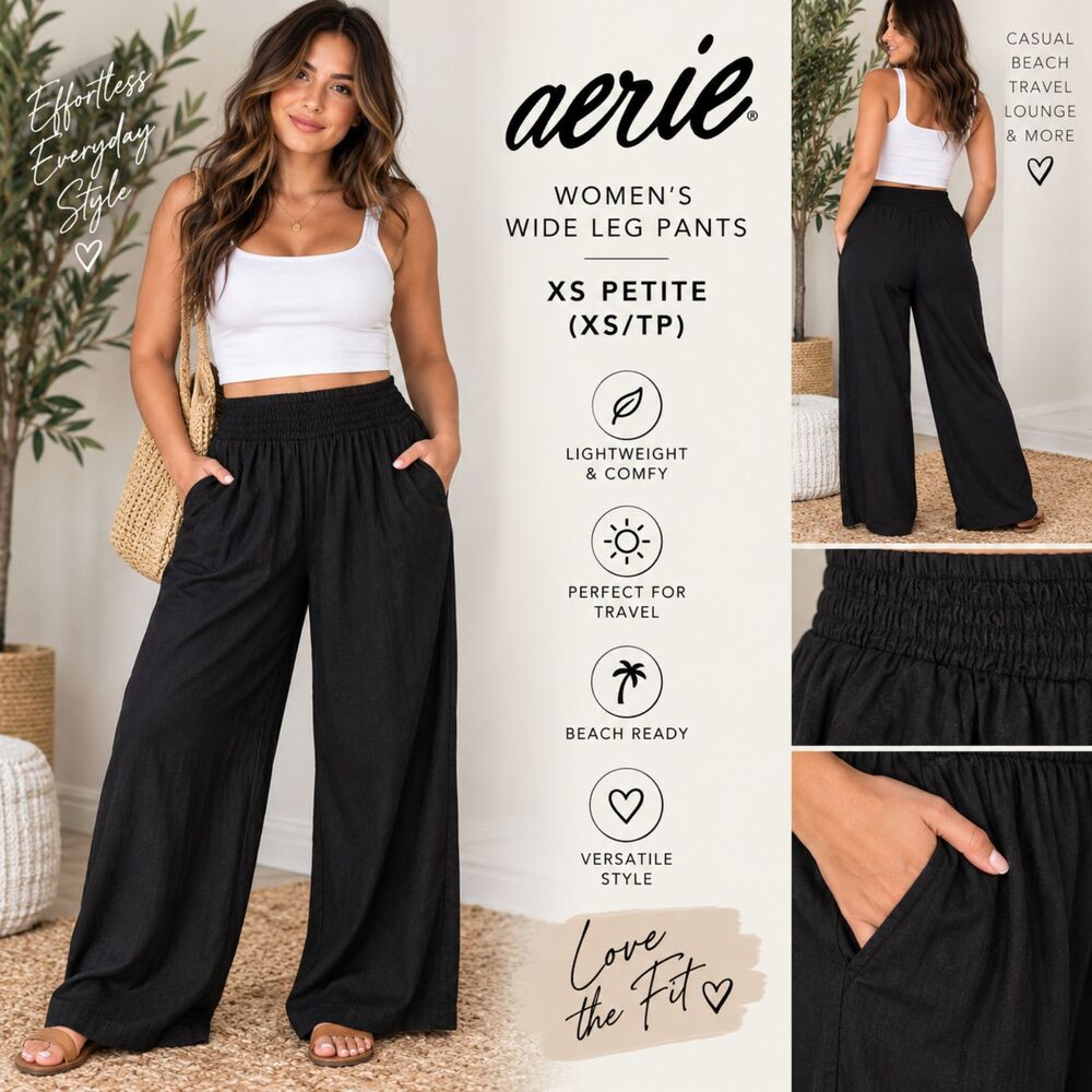 Aerie Wide Leg Pants Womens XS Petite Black Smocked Waist Pull On Beach Boho